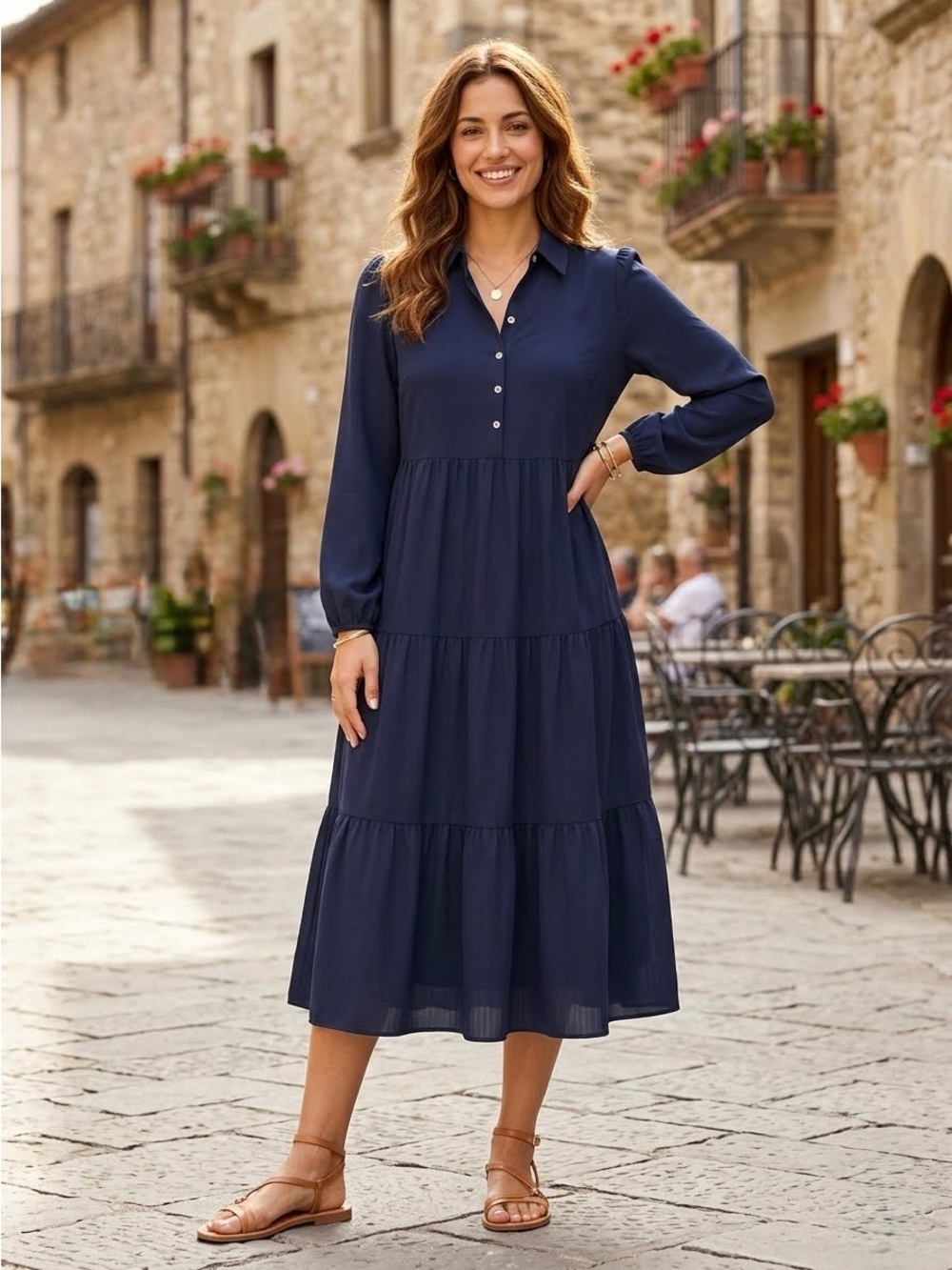 Pomander Place Mabel 100% Cotton Puff Sleeve Midi Maxi Dress, Navy Blue, Size M - Picture 2 of 13